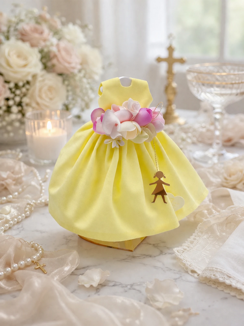 SARA'S IDEA BIG DOLLS VESTITINO IN COTONE CON CINTURA DI FIORI E BAMBOLINA IN PEXY H24 COLORE GIALLO CON SCATOLA ARMADIO