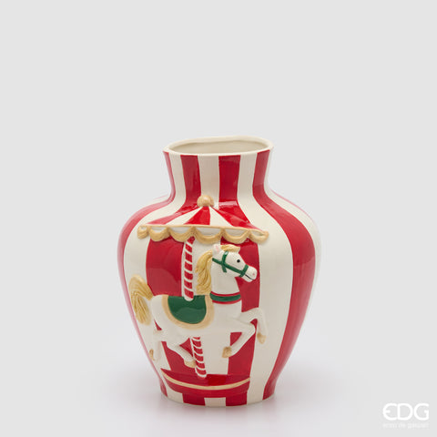 EDG ENZO DE GASPERI VASO IN CERAMICA CAVALLO GIOSTRA ANFORA H.26 D.21 C6 BIANCO E ROSSO