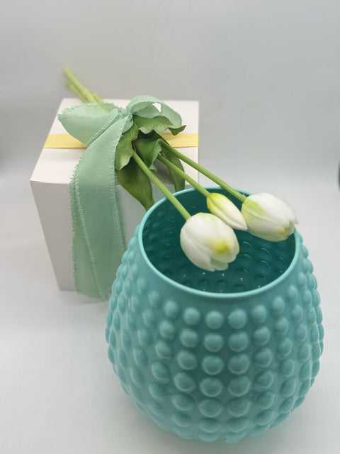 NON SOLO PELTRO VASO IN VETRO COLORATO CON 3 TULIPANI BIANCHI H 20 CM VERDE TIFFANY