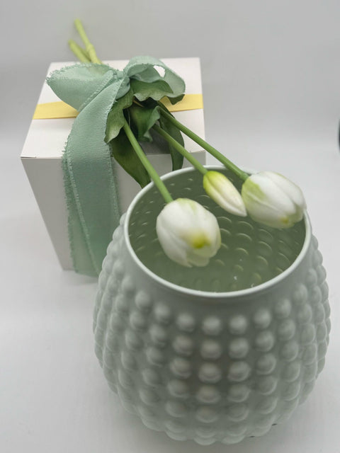 NON SOLO PELTRO VASO IN VETRO COLORATO CON 3 TULIPANI BIANCHI H 20 CM VERDE ACQUAMARINA