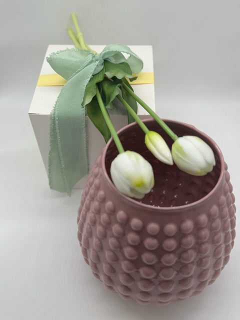 NON SOLO PELTRO VASO IN VETRO COLORATO CON 3 TULIPANI BIANCHI H 20 CM ROSA ANTICO