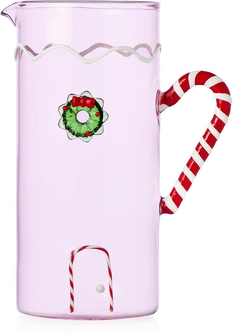 ICHENDORF Brocca Natalizia Sweet & Candy Rosa con Manico a Bastoncino e Ghirlanda in Vetro Borosilicato 21,5cm