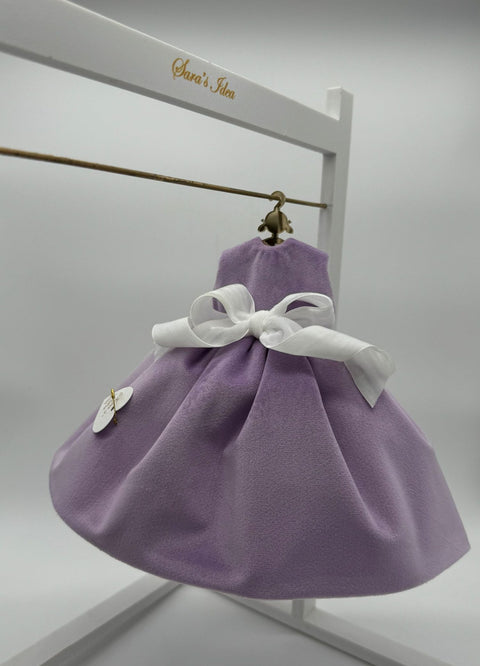 Sara's Idea vestitino big dolls velluto GLICINE  con gruccia e sali profumati con fiocco nastro h 24 con armadietto
