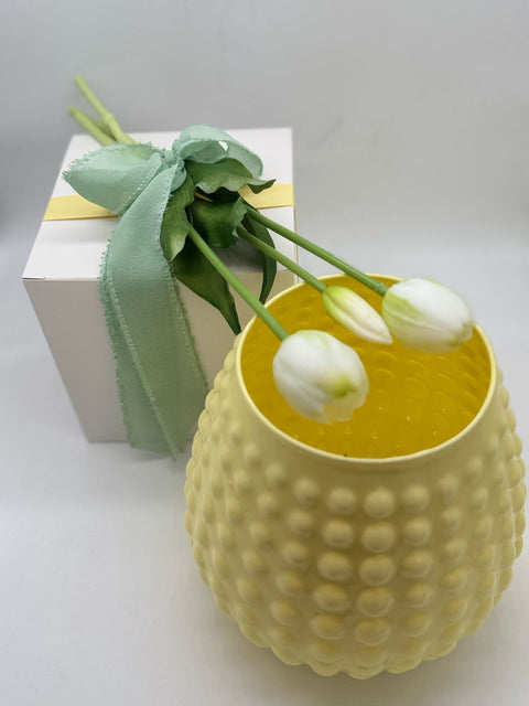NON SOLO PELTRO VASO IN VETRO COLORATO CON 3 TULIPANI BIANCHI H 20 CM GIALLO