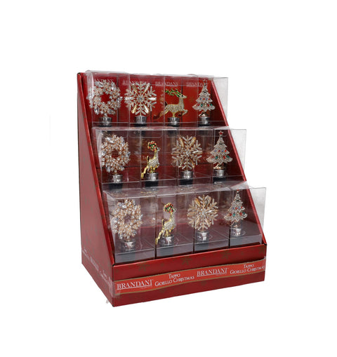 BRANDANI TAPPO CHRISTMAS GIOIELLO DECORI E COLORI ASSORTITI DISPLAY VETRO/ZINC ALLOY 12 PZ