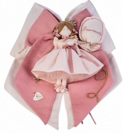 SARA'S IDEA DOPPIO FIOCCO NASCITA ROSA CON BAMBOLINA E PALLONCINO DA PERSONALIZZARE 38X50