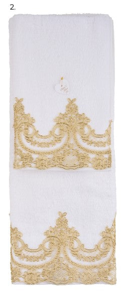 SARA'S IDEA SET ASCIUGAMANO CON OSPITE IN SPUGNA BIANCO CON PIZZO REBRODET GOLD CON SCATOLA