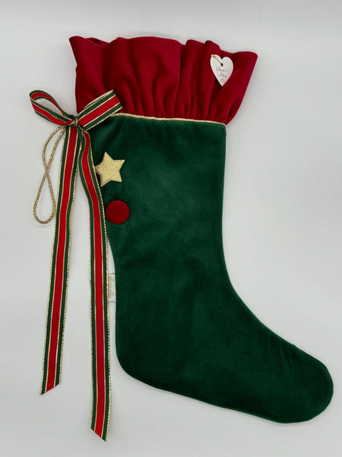 Sara's Idea calza befana piccola velluto verde inglese con rouche 22x35