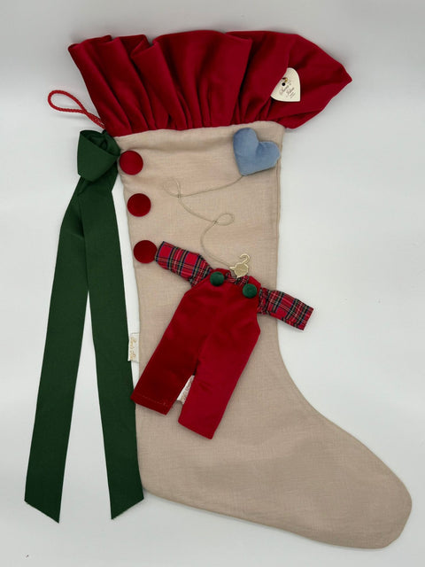 Sara's Idea calza befana media in lino nudo con rouche velluto rosso 27x48 con salopette