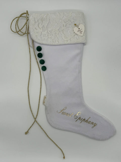Sara's Idea calza befana piccola in  velluto bianco 22x35 con scritta "sweet epiphany"