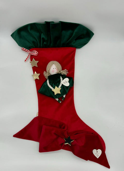 Sara's Idea calza befana media velluto rosso con rouche 27x48 con angioletto piccolo