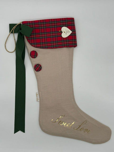 Sara's Idea calza befana piccola in lino naturale 22x35 con scritta "sweet love"