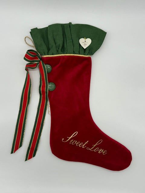 Sara's Idea calza befana piccola in velluto rosso 22x35 con scritta "sweet love"