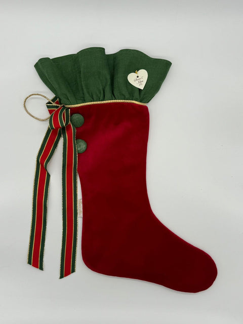 Sara's Idea calza befana piccola in velluto rosso con rouche in lino 22x35