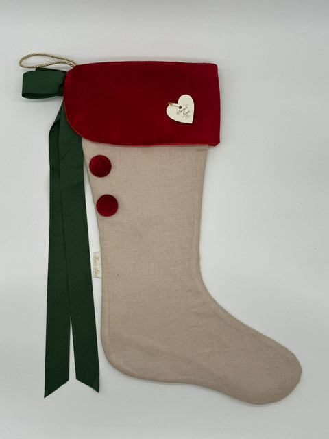 Sara's Idea calza befana piccola in lino naturale con fascia in velluto 22x35