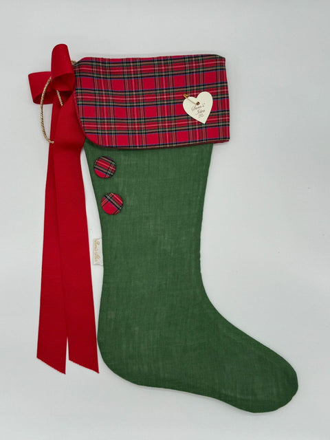 Sara's Idea calza befana piccola in lino verde inglese con fascia scozzese 22x35