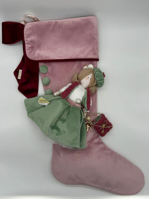 Sara's Idea calza befana media in velluto rosa cipria  27x48 con bambola