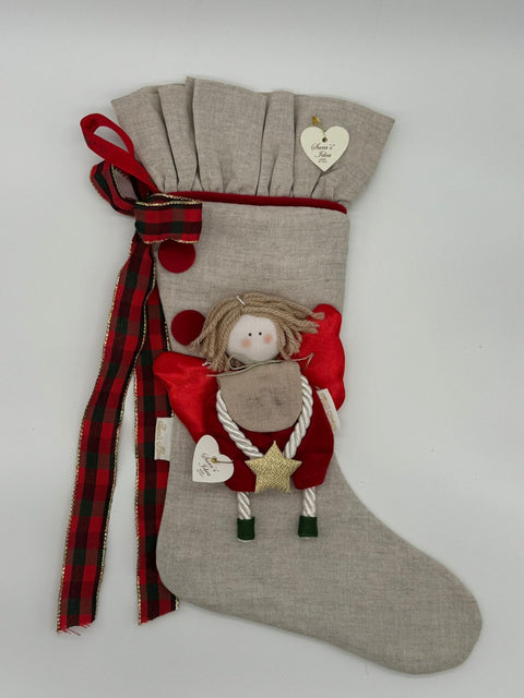 Sara's Idea calza befana piccola in lino naturale 22x35 con angioletto