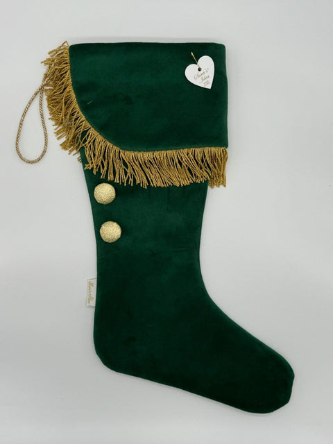 Sara's Idea calza befana piccola velluto verde inglese con frangia oro 22x35