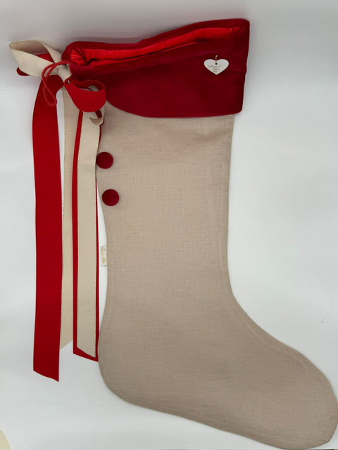 Sara's Idea calza befana grande in lino nudo  34x57 con fascia in velluto