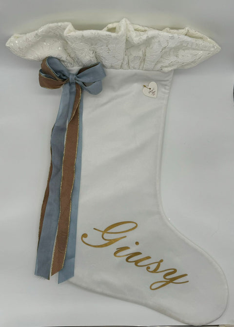 Sara's Idea calza befana media in velluto bianco con rouche 27x48 con personalizzazione