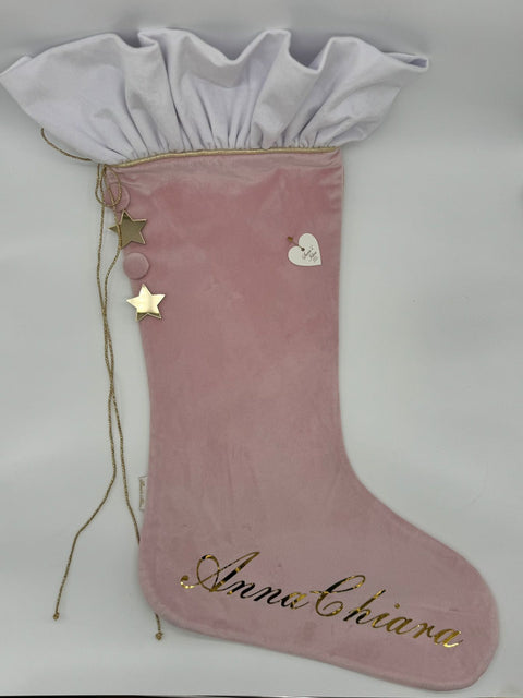 Sara's Idea calza befana grande in velluto cipria con rouche 34x57 con personalizzazione