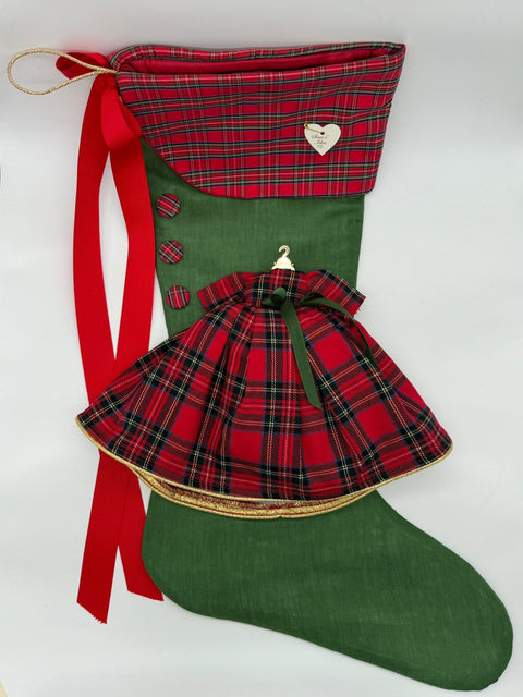 Sara's Idea calza befana grande in lino verde inglese  34x57 con vestitino
