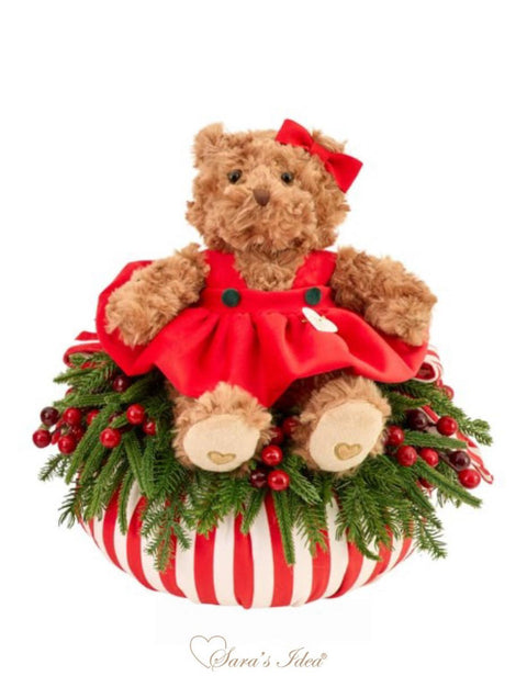 SARA'S IDEA PONPON 200 IN VELLUTO A RIGHE BIANCO E ROSSO CON TEDDY II 35X40
