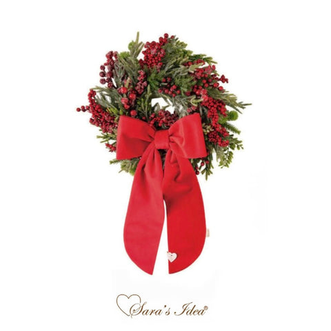 SARA'S IDEA LINEA BACCHE ROSSE GHIACCIATE GHIRLANDA DI ABETE CON BACCHE GHIACCIATE CON FIOCCO IN VELLUTO