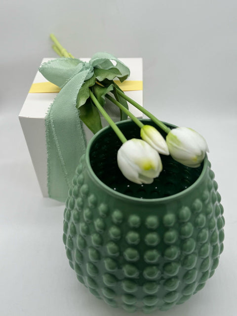 NON SOLO PELTRO VASO IN VETRO COLORATO CON 3 TULIPANI BIANCHI H 20 CM VERDE MARINO