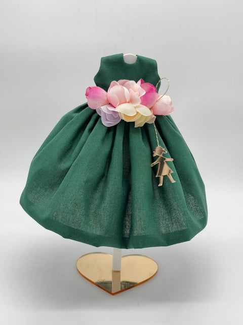 SARA'S IDEA BIG DOLLS VESTITINO IN COTONE CON CINTURA DI FIORI E BAMBOLINA IN PEXYH24 COLORE VERDE INGLESE CON SCATOLA ARMADIO