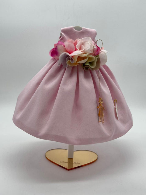 SARA'S IDEA BIG DOLLS VESTITINO IN COTONE CON CINTURA DI FIORI E BAMBOLINA IN PEXY  H24 COLORE ROSA CON SCATOLA ARMADIO