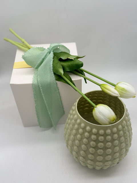 NON SOLO PELTRO VASO IN VETRO COLORATO CON 3 TULIPANI BIANCHI H 15 CM VERDE SALVIA