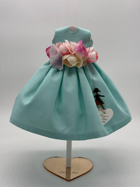 SARA'S IDEA BIG DOLLS VESTITINO IN COTONE CON CINTURA DI FIORI E BAMBOLINA IN PEXY  H24 COLORE TIFFANY CON SCATOLA ARMADIO