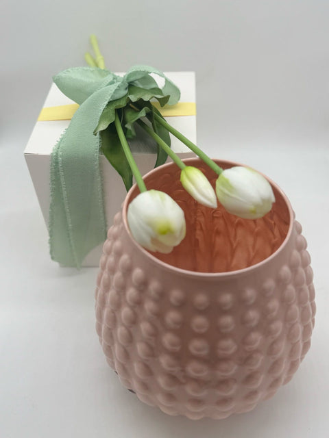 NON SOLO PELTRO VASO IN VETRO COLORATO CON 3 TULIPANI BIANCHI H 20 CM ROSA CIPRIA