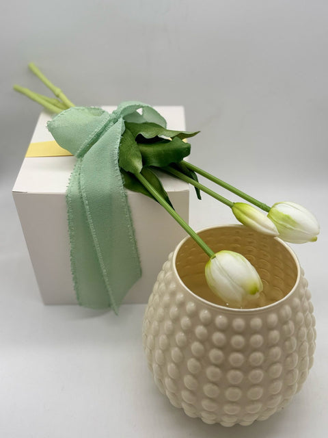 NON SOLO PELTRO VASO IN VETRO COLORATO CON 3 TULIPANI BIANCHI H 15 CM AVORIO