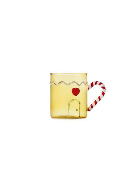 ICHENDORF Mug Natalizia Sweet & Candy Gialla con Manico a Bastoncino e Lampone in Vetro Borosilicato 16cm